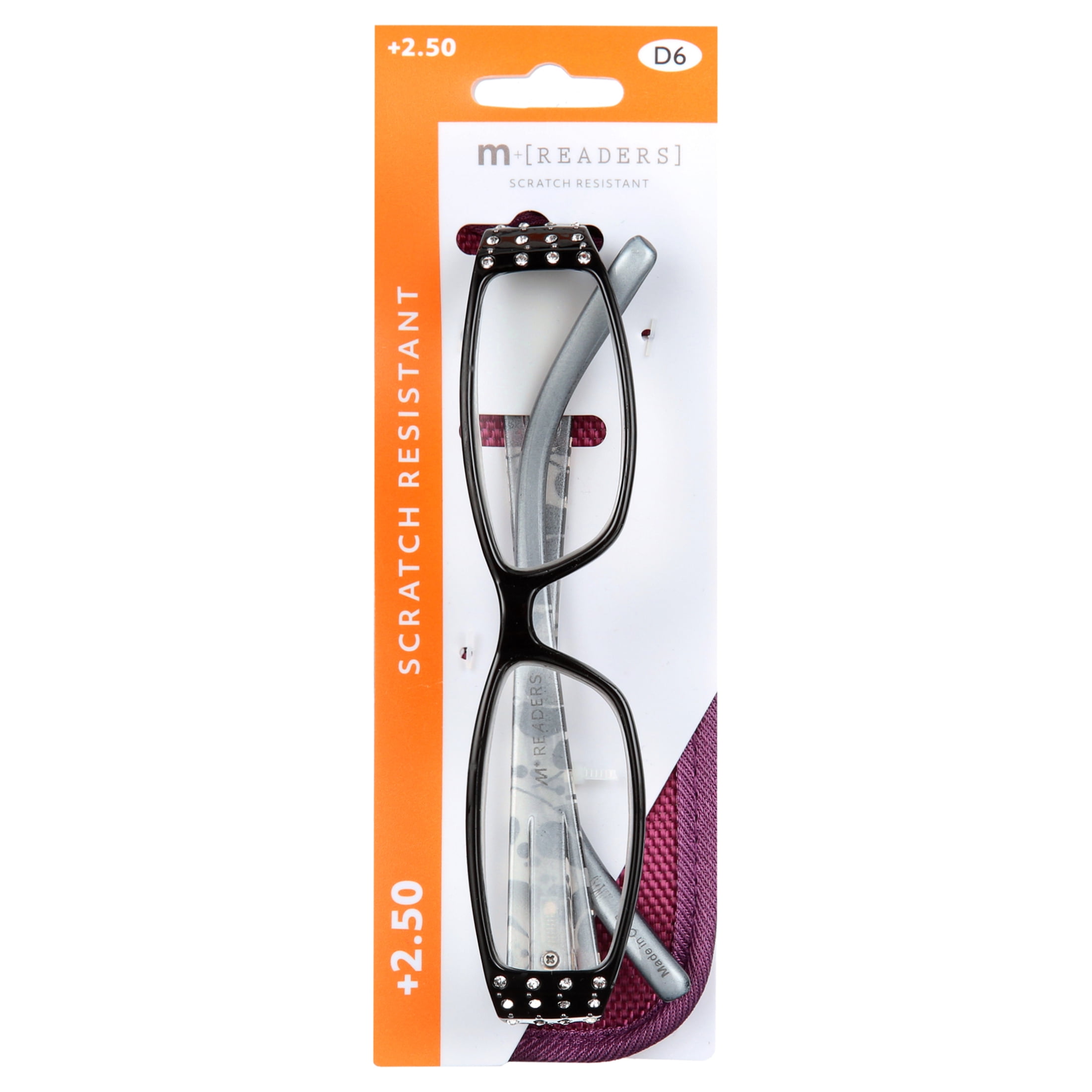 (2 pack) M Readers Women's Erin +2.50 Rectangle Reading Glasses with Case, Black