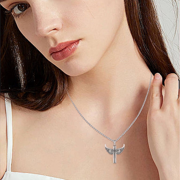 Guardian Angel Wings Cross Necklace - Stainless Steel Inspirational Jewelry Gift For Women & Teen Girls
