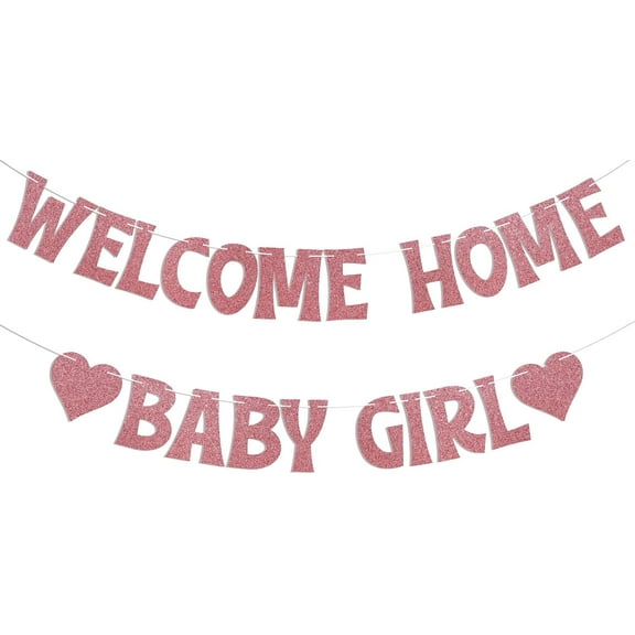 Welcome Home Baby Girl Banner - It's a Girl Gender Reveal Party Decor, Sweet Little Girl Baby Shower Dcorations Rose Gold Glitter