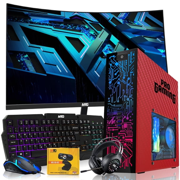 Restored Hp Carbon Red Desktop Computer PC–Intel Core i5,16GB ARGB RAM,512GB SSD,GT-1030 Graphic Card,27 Inch Curved Monitor,RGB KBM with AI Copilot Key,RGB Headphone,Webcam,Windows 11