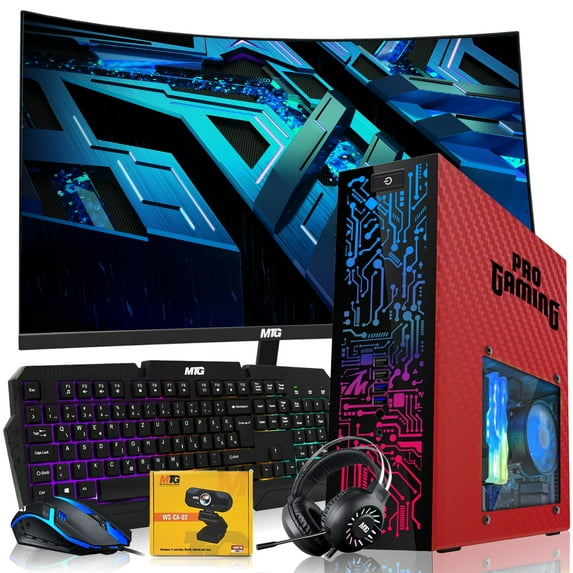 Restored Hp Carbon Red Desktop Computer PC–Intel Core i5,16GB ARGB RAM,512GB SSD,GT-1030 Graphic Card,27 Inch Curved Monitor,RGB KBM with AI Copilot Key,RGB Headphone,Webcam,Windows 11