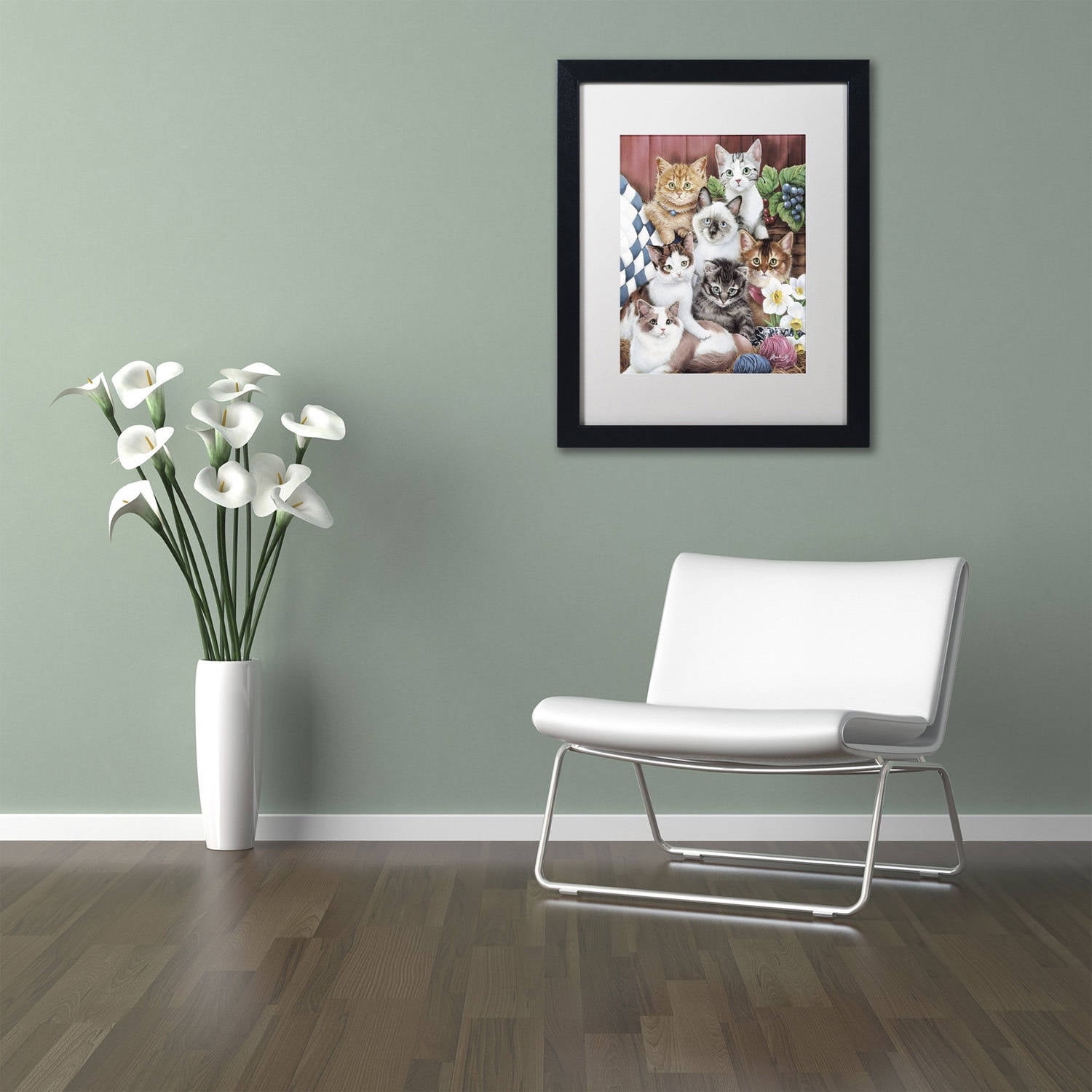 Trademark Fine Art 'Cuddly Kittens' Canvas Art by Jenny Newland, White Matte, Black Frame