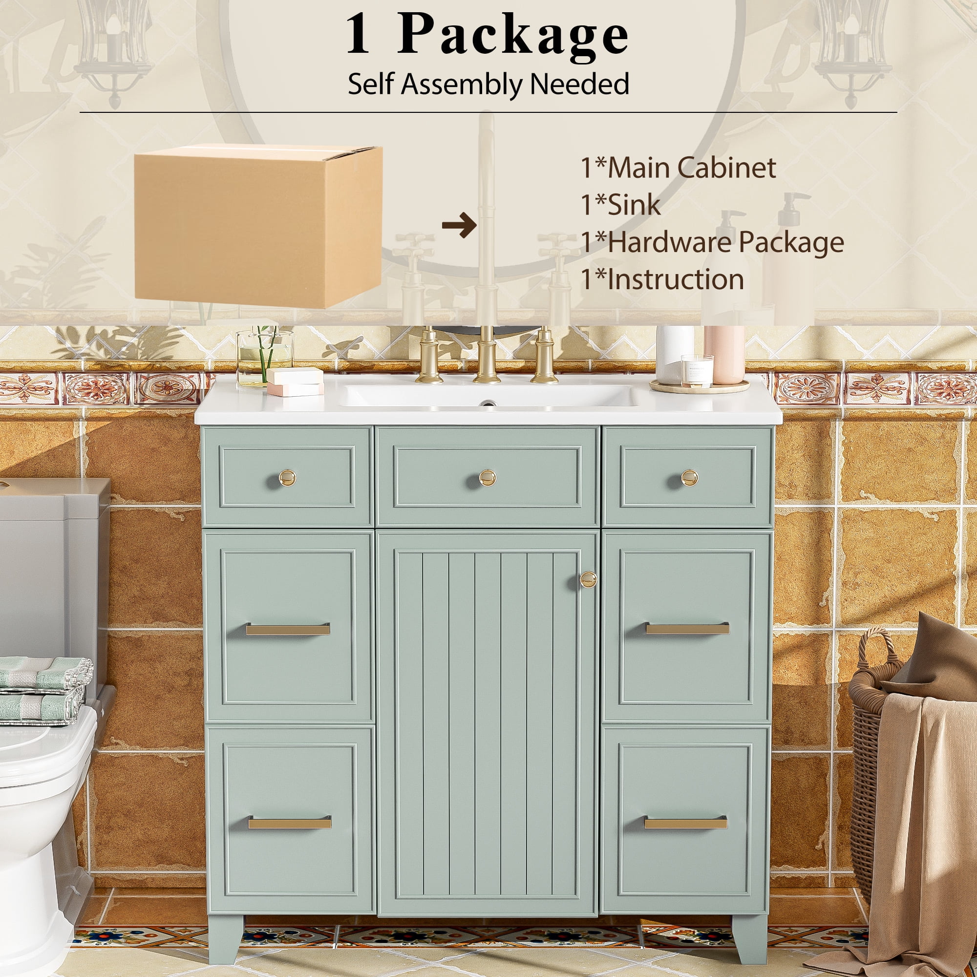 Euroco 36" Bathroom Vanity with Ceramic Sink, Green, Solid Wood Frame, Soft Close Doors, Adjustable Shelves, 3 Drawers ,Including Double-Depth Drawer for Hairdryer Storage