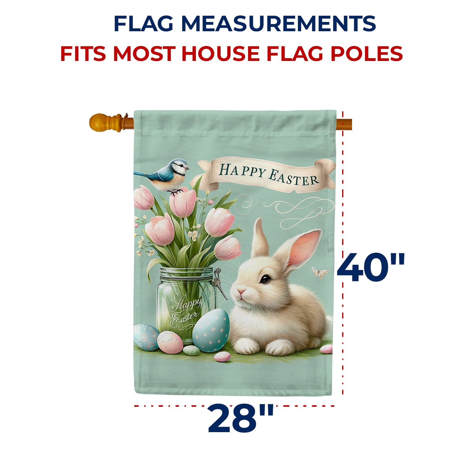 America Forever Easter Floral Mason Jar House Flag, 28” x 40” Double Sided, Bluebird Spring Summer Floral Easter Day Welcome Flag for Outdoor Yard Farmhouse Home Decoration