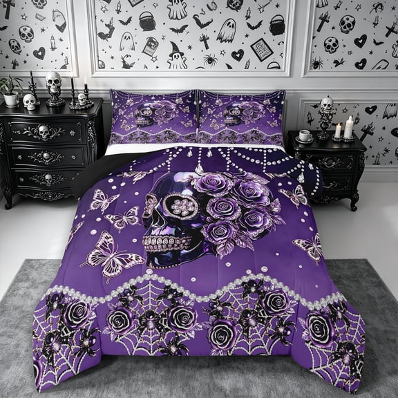 Erosebridal Crystal Skull Full Size Comforter Sets 3-Piece,Gothic Glam Bedding Comforter Set,Purple,Reversible,1 Comforter and 2 Pillowcases