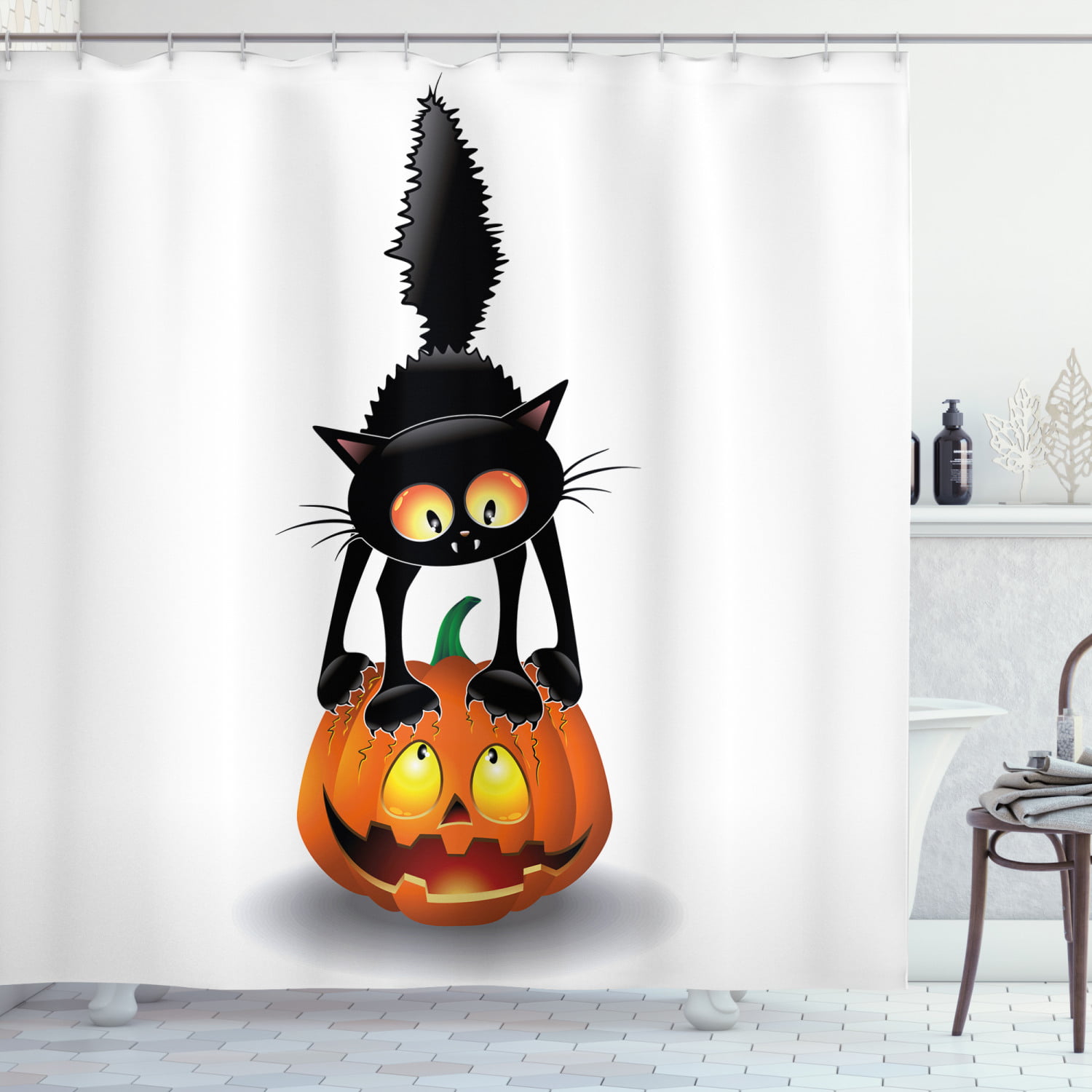 Halloween Night Pumpkins Lamps Cute Cat Waterproof Fabric Shower Curtain Set 72"