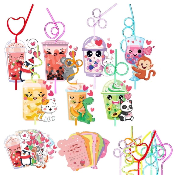 24 Pack Valentine's Day Cards for Kids with Crazy Straws, 8 Styles Cute Animal-Themed Valentines Cards Gifts for Classroom School Exchange Game Prizes, Funny Party Favors for Children Boys Girls