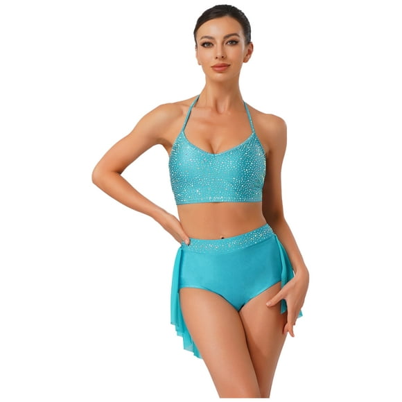 Eandarui Women 2 Piece Lyrical Dance Costumes Backless Camisole Top with High Waist Shorts Sky Blue XL