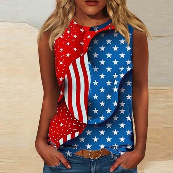 Jsaierl Womens 4th of July Tank Tops Casual Patriotic Red White and Blue Print Tees Loose Fit Sleeveless T Shirts Camisole Breathable Crew Neck Tanks S-XXXXXL