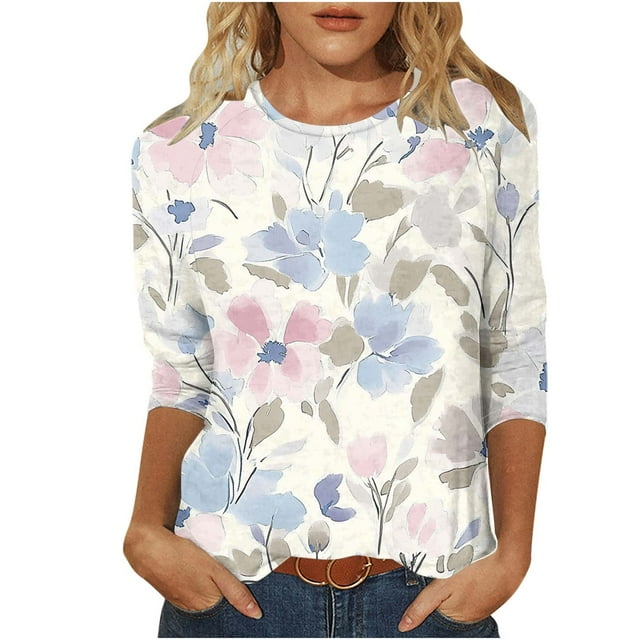KIHOUT Nouvelles Chemises de Printemps pour Femmes T-shirt Ample Imprimé pour Dames Blouse à Manches 3/4 Col Rond Hauts Décontractés