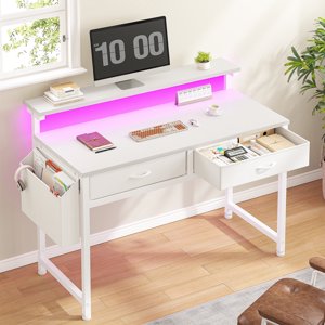 Romorgniz Computer Desk with LED Lights, Drawers and Monitor Stand
