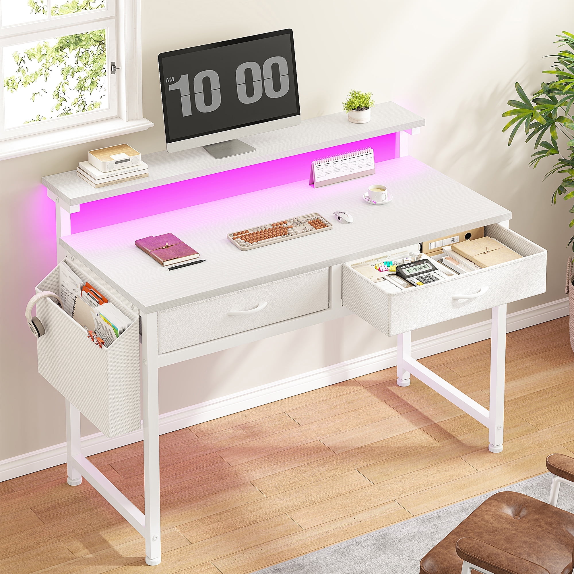 Romorgniz Computer Desk with LED Lights, Drawers and Monitor Stand photo 1