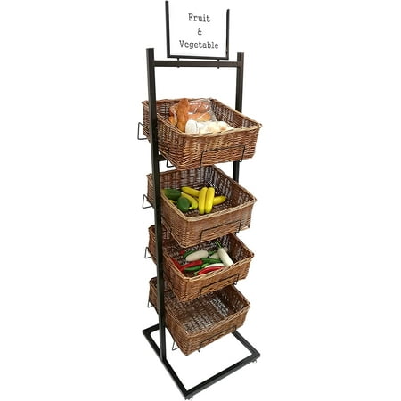 

4 Tier Basket Stand Wicker Basket Bakery Rack Produce Stand Food Rack Fruit Wicker - Black