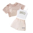 thumbnail image 2 of CUZIBR Kids Stylish Girls Outfit Sets 3 Piece Fashion Letter Print Sleeveless Tops With Mesh Shirt And Shorts Casual Summer Girls Clothes Sets,Beige,7-8 Years, 2 of 3