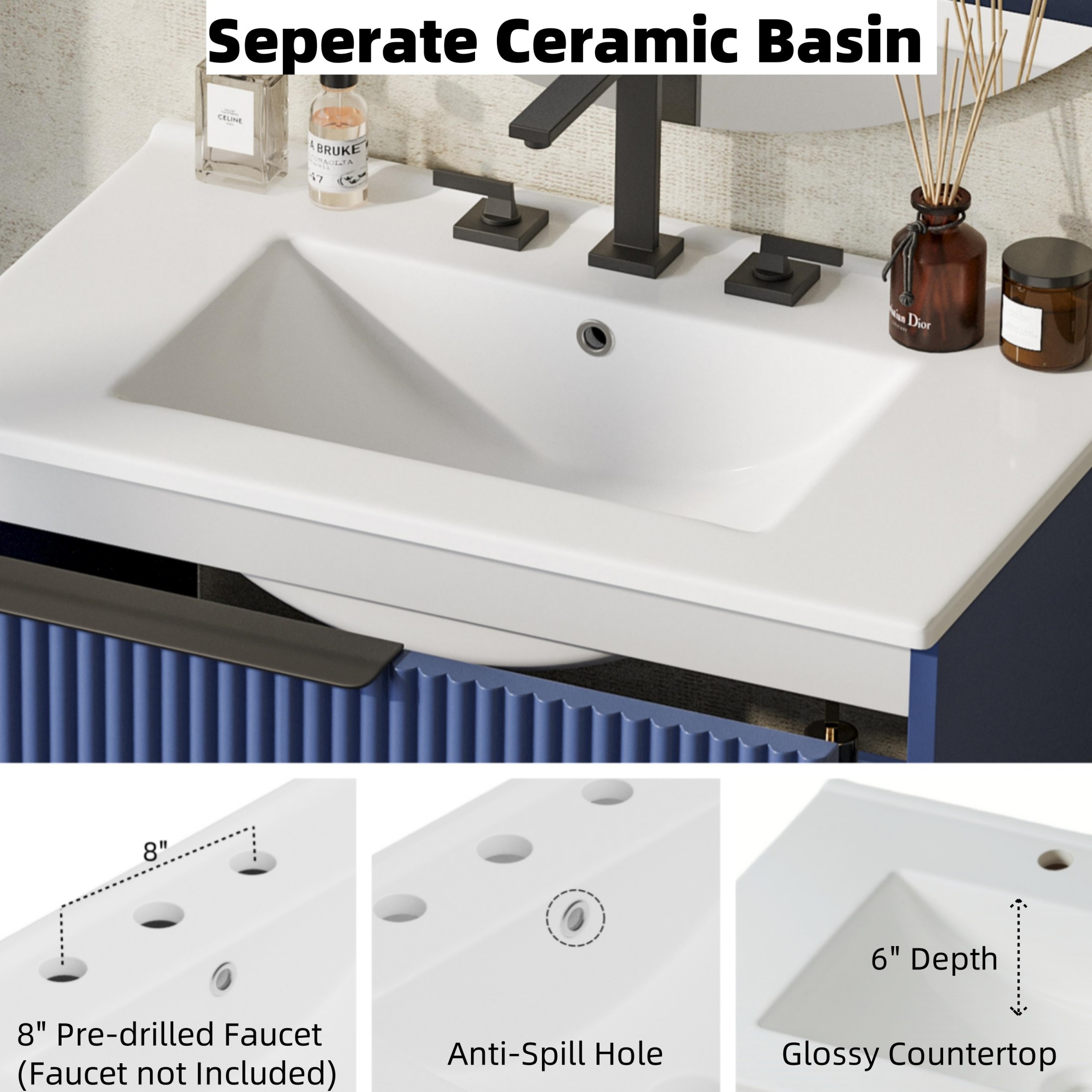 Christopher Knight Home 30" Bathroom Vanity with Sink, Soft-Close Drawers & Fluted Design, Blue