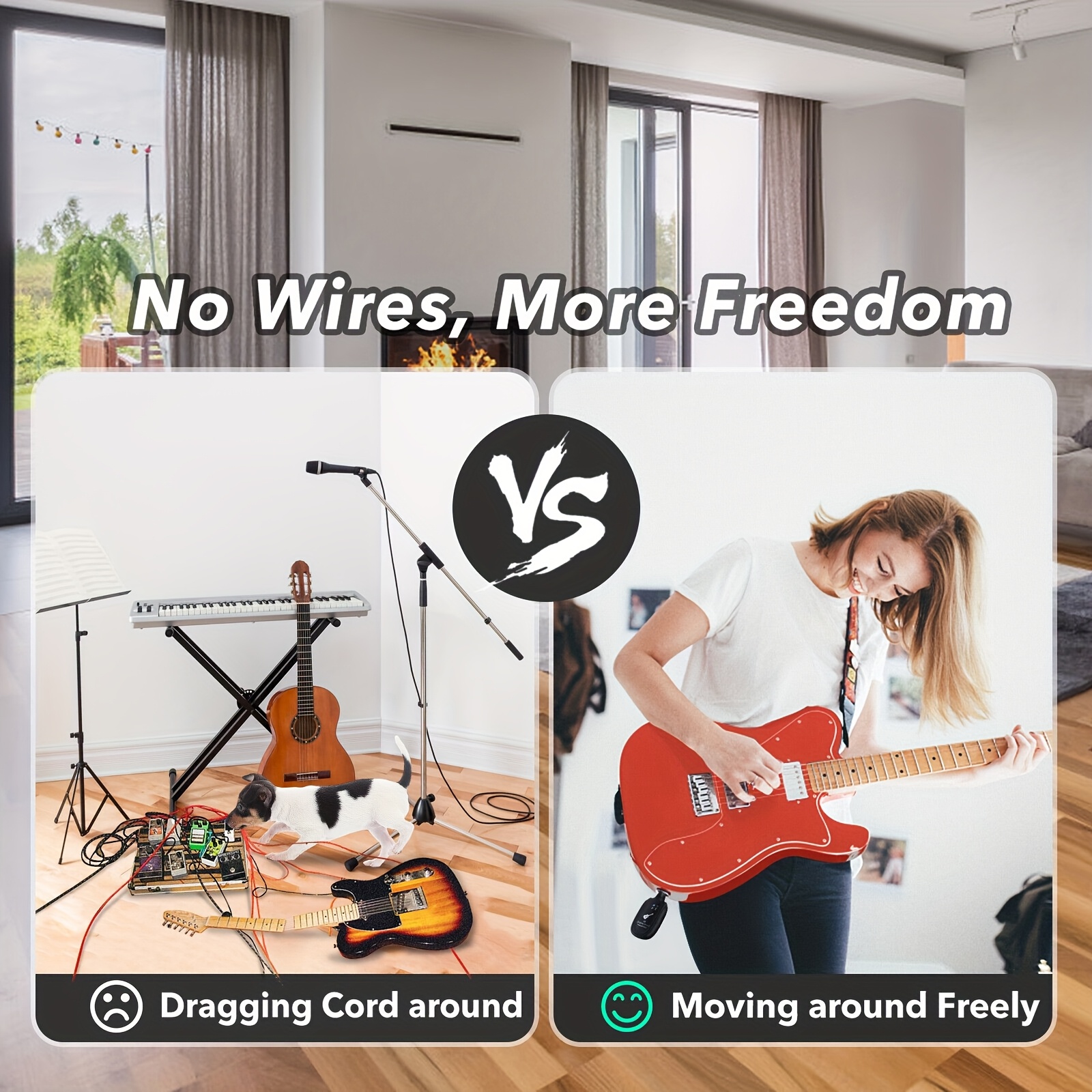 A8 Wireless Guitar System, Built-In Rechargeable Transmitter and Receiver, Stereo Audio, Hand Control, USB Charging for Electric Guitar, Bass, Violin, Compatible with Amplifiers