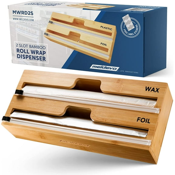 2 in 1 Wrap Dispenser with Cutter and Labels, Plastic Wrap, Aluminum Foil and Wax Paper Dispenser for Kitchen Drawer, Bamboo Roll Organizer Holder, Compatible with 12" Roll