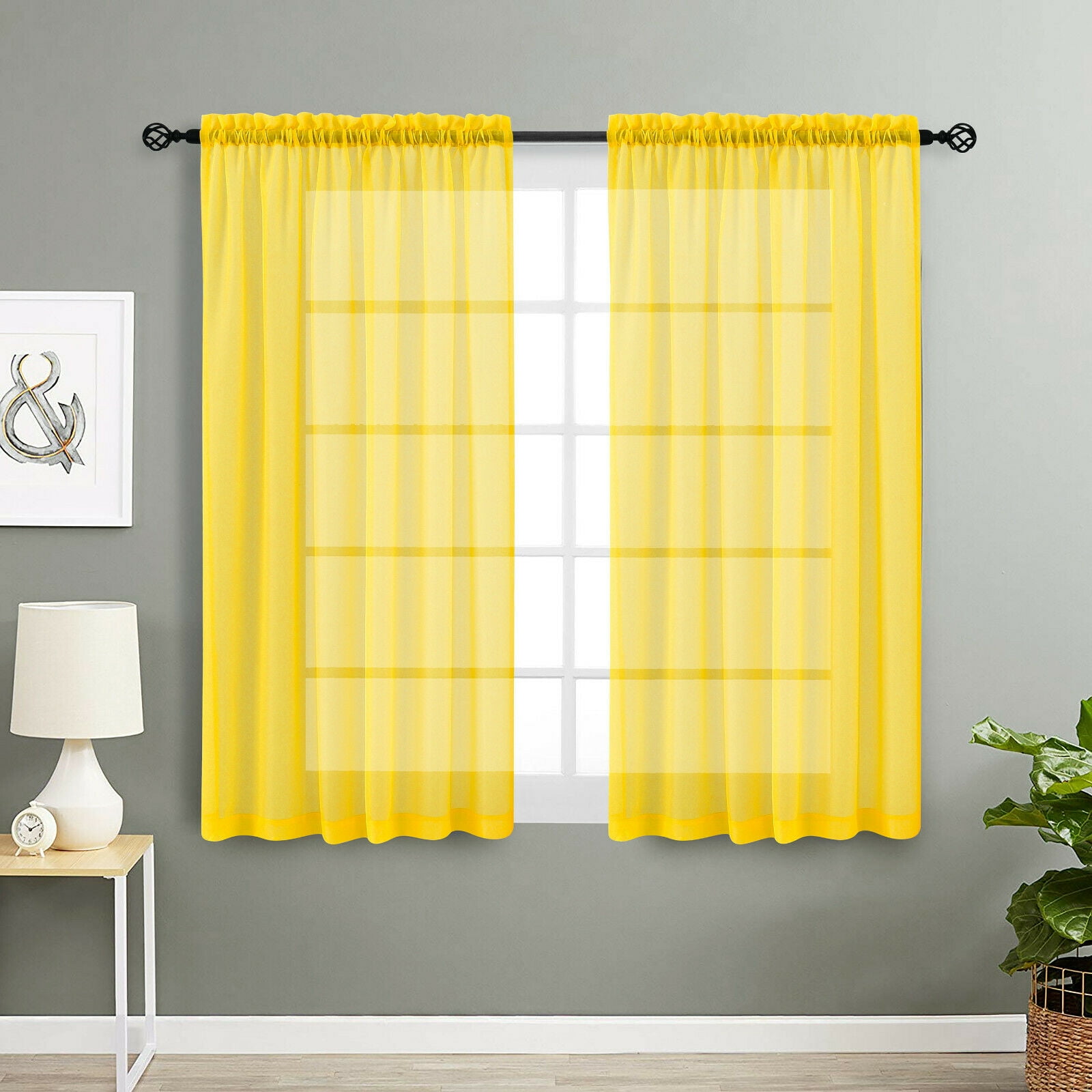 Basic Home Rod Pocket Sheer Voile Window Curtains Yellow, 63 in. Long