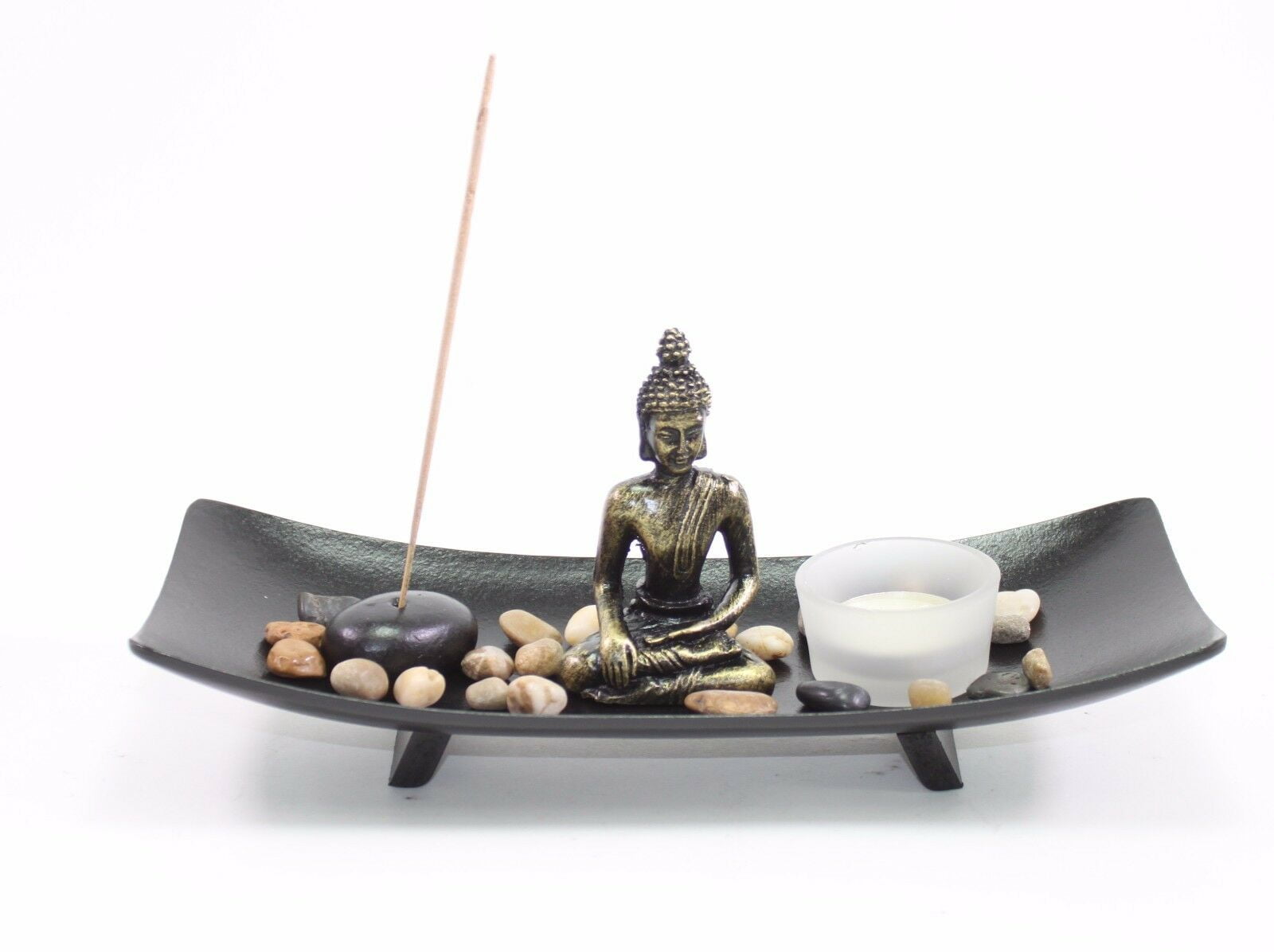 Tealight Candle Holder and River Rocks Peace and Tranquility for Home Decor Gift Chris.W Buddha Statue Tabletop Zen Garden Kit with Incense Burner