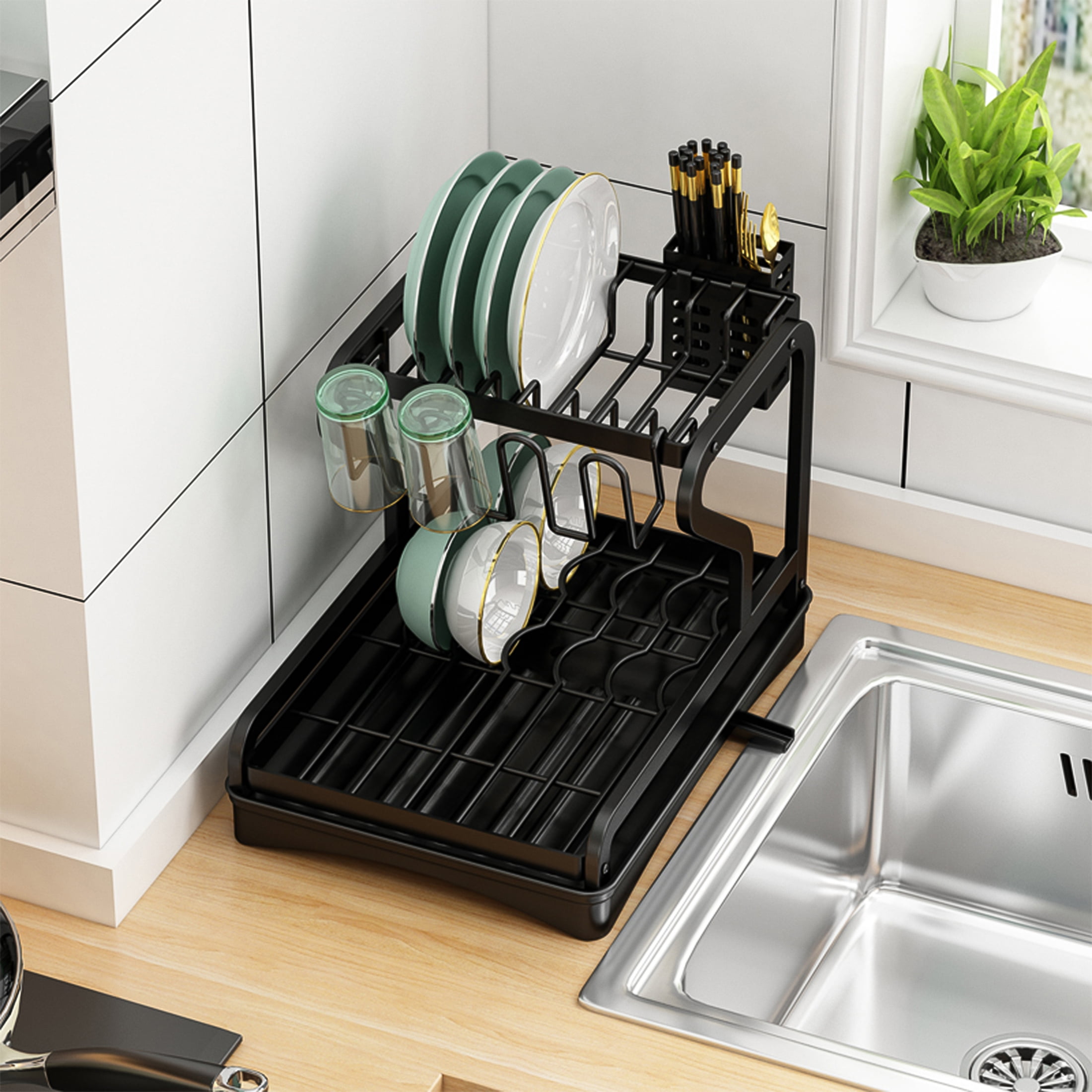 Popity home Dish Rack,Dish Drying Rack with 304 Stainless Metal Double  Sturdy for Kitchen Sink Side Kitchen Counter Top Black Drainboard Draining  Drain with Ute…