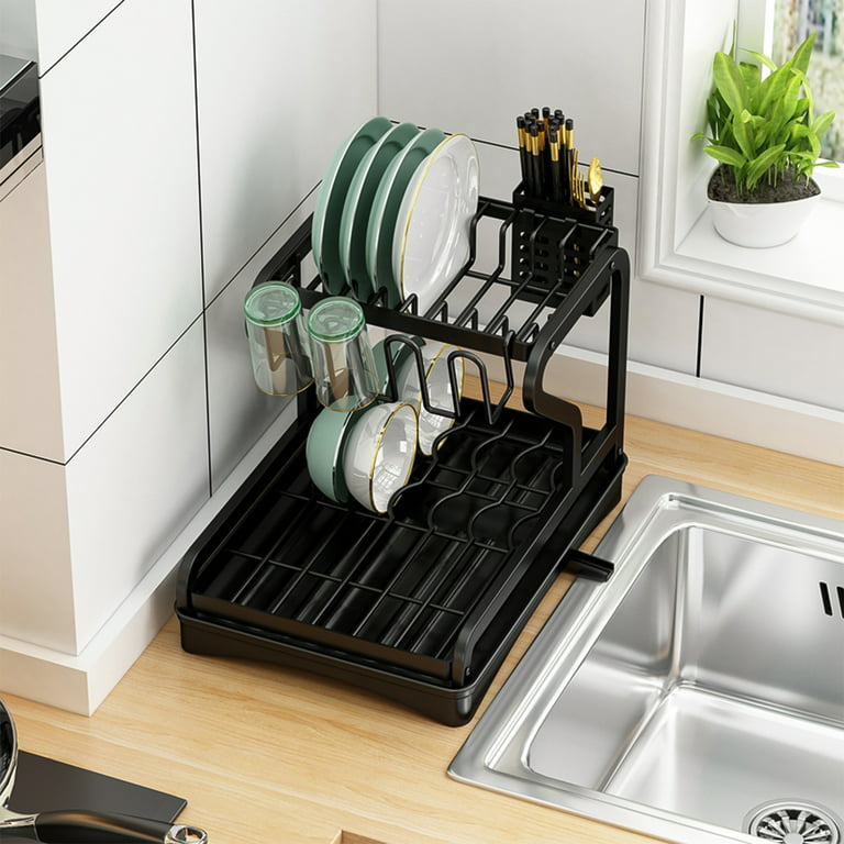 AKaSping Dish Drying Rack Drainboard Set 2 Tier Kitchen Dish Rack with Lid  Cover Plastic Small Utensil Holder Rack for Kitchen Plate Cup Dish Storage
