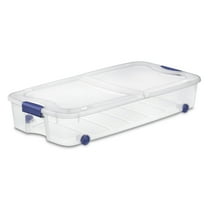 Sterilite Large Storage Bin, 66 Quart Clear Underbed Storage Container with Latch Lid and Wheels, Blue