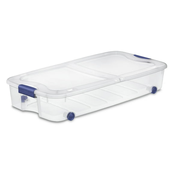 Sterilite Large Storage Bin, 66 Quart Clear Underbed Storage Container with Latch Lid and Wheels, Blue