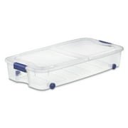 (2 pack) Sterilite 66 Quart Latching Underbed Wheeled Storage Bin, Clear Plastic Storage Container with Latch Lid, Blue