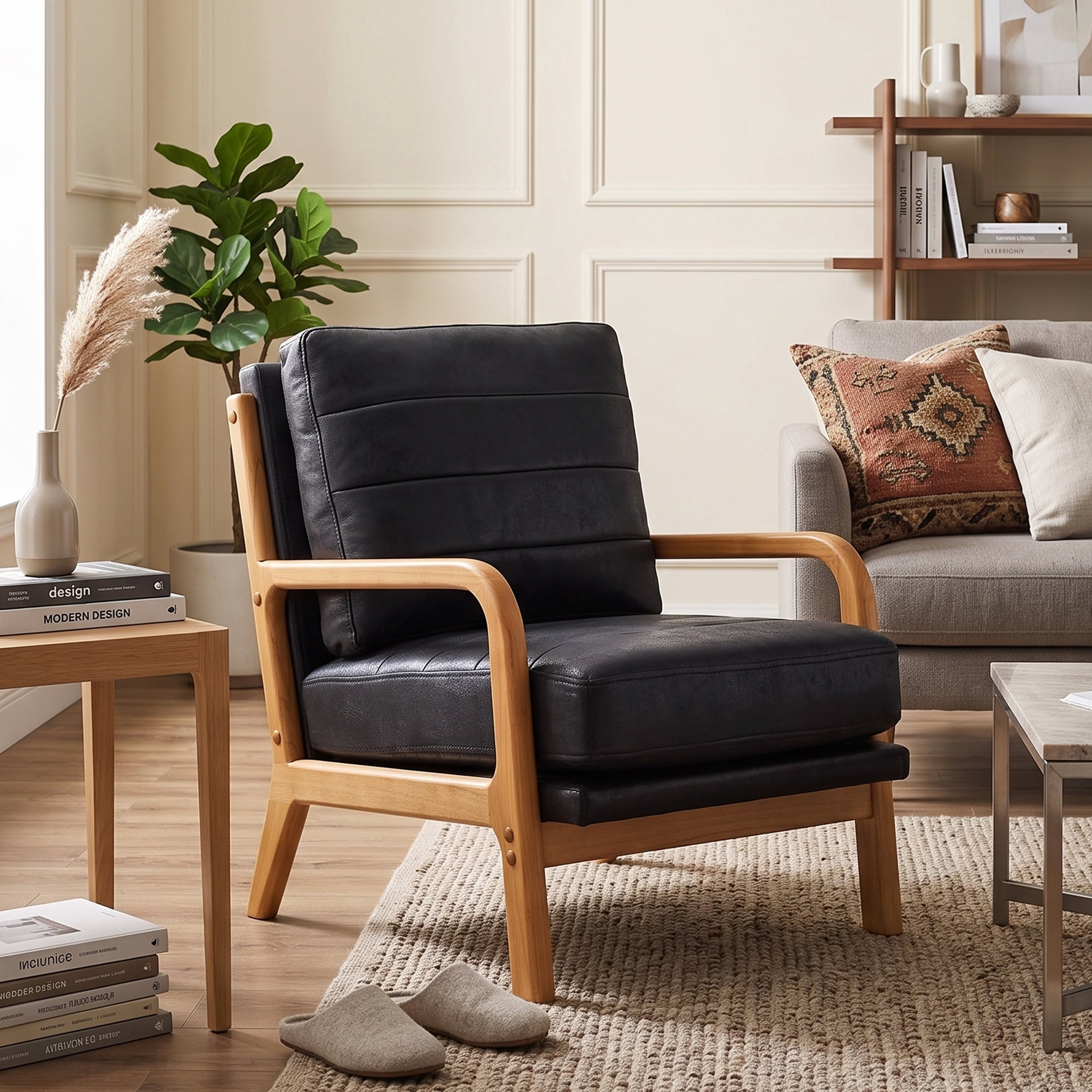 Homy Casa Mid-Century Accent Chair, Upholstered Lounge Reading Chair with Wood Frame, Black