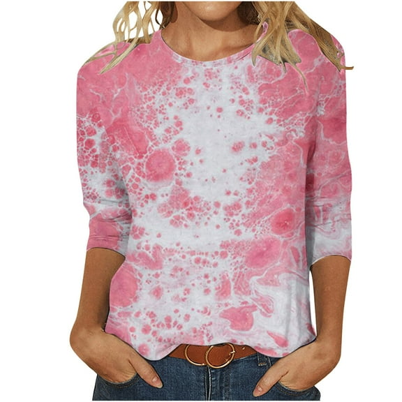 3/4 Length Sleeve Tops for Women Trendy Polyester T Shirts Aesthetic Marble Print Crew Neck Casual Graphic Tee (X-Large, Pink 11)
