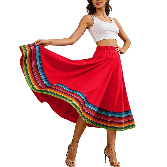 Costeam Womens Ethnic Print Flowy Midi Skirt Full Elastic High Waist Wide Swing Hem Lightweight Breathable Loose Dance Performance A Line Skirts