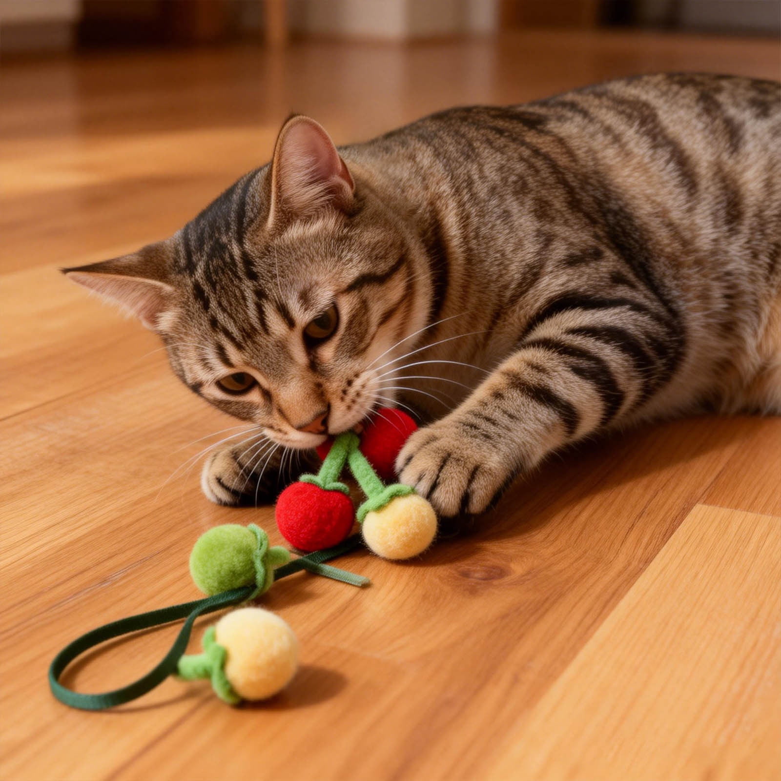 Interactive Cat Toy with Catnip, Squeaky Persimmons & Tomatoes Shapes - Hangable String with Bells, Soft Chew Spring Kicker for Kittens and Adult Cats