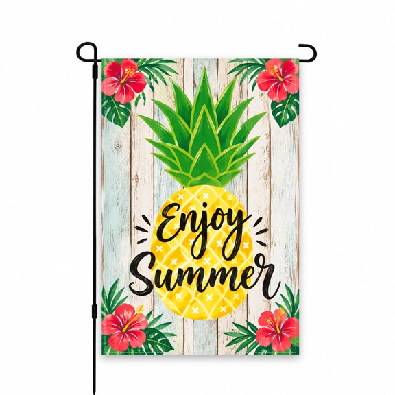 Enjoy Summer Garden Flag 12x18 Inch with Pineapple & Hibiscus Design - Perfect Tropical Outdoor Decor for Patio, Lawn, Porch or Yard Display
