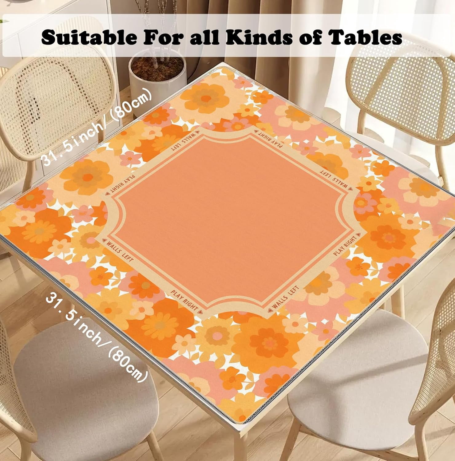 Orange and Yellow Boho Retro Floral Mahjong Mat 31.5x31.5 Inch, Non-Slip and Noise Reduction Mah Jong Table Mat Cover Gifts for Mahjong Lovers Poker Board Games Dominoes