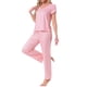 thumbnail image 4 of Pijamas para mujeres INSPIRE CHIC, camiseta de cuello en V de manga corta con pantalones de tiro ajustable, conjuntos de lounge impresos con bolsillos, M, rayas rosas, 4 of 5