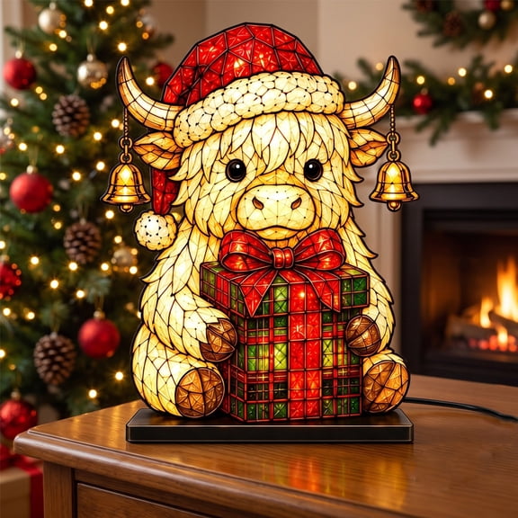 Clearance Christmas Highland Cow Night Light, 11.81 Inch Acrylic LED Cow Lamp with Warm Glow, Holiday Tabletop Decor for Indoor