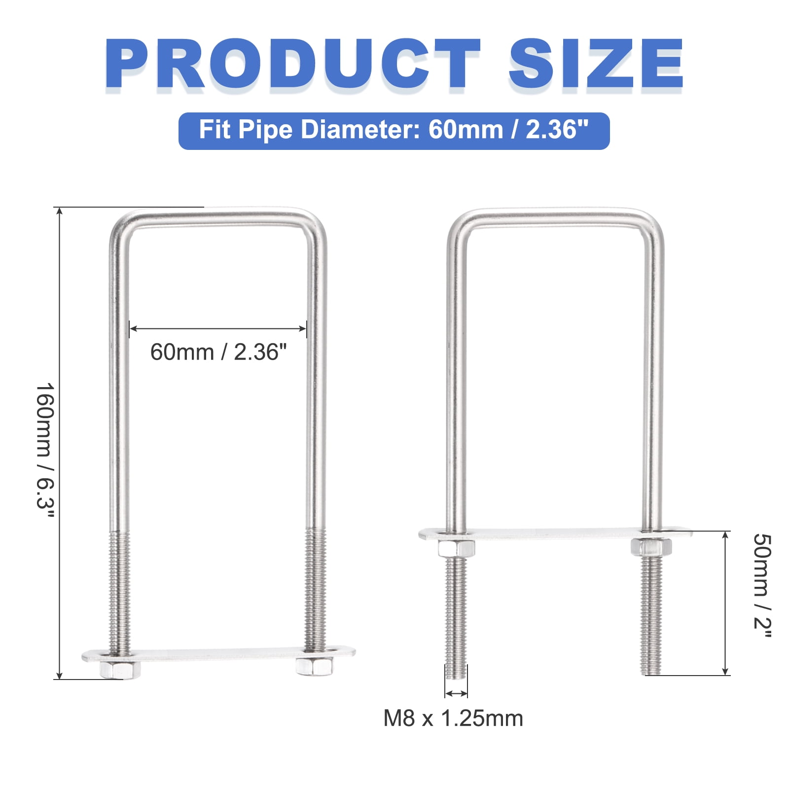 Uxcell 2 Sets M8 Square U-Bolts, 2.36" Inner Width 6.3" Length 304 Stainless Steel U Clamp Bolts with Nuts, Plates and Wrench