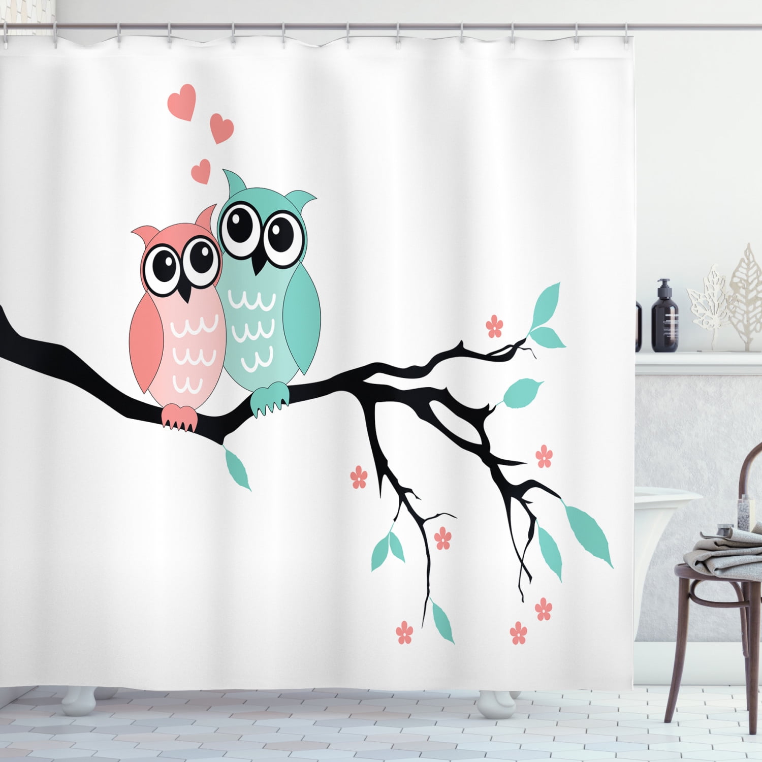 Moon&Owl Shower Curtain Set 72x72" 12 Holes or Bathroom Mat Fabric Decor Black 