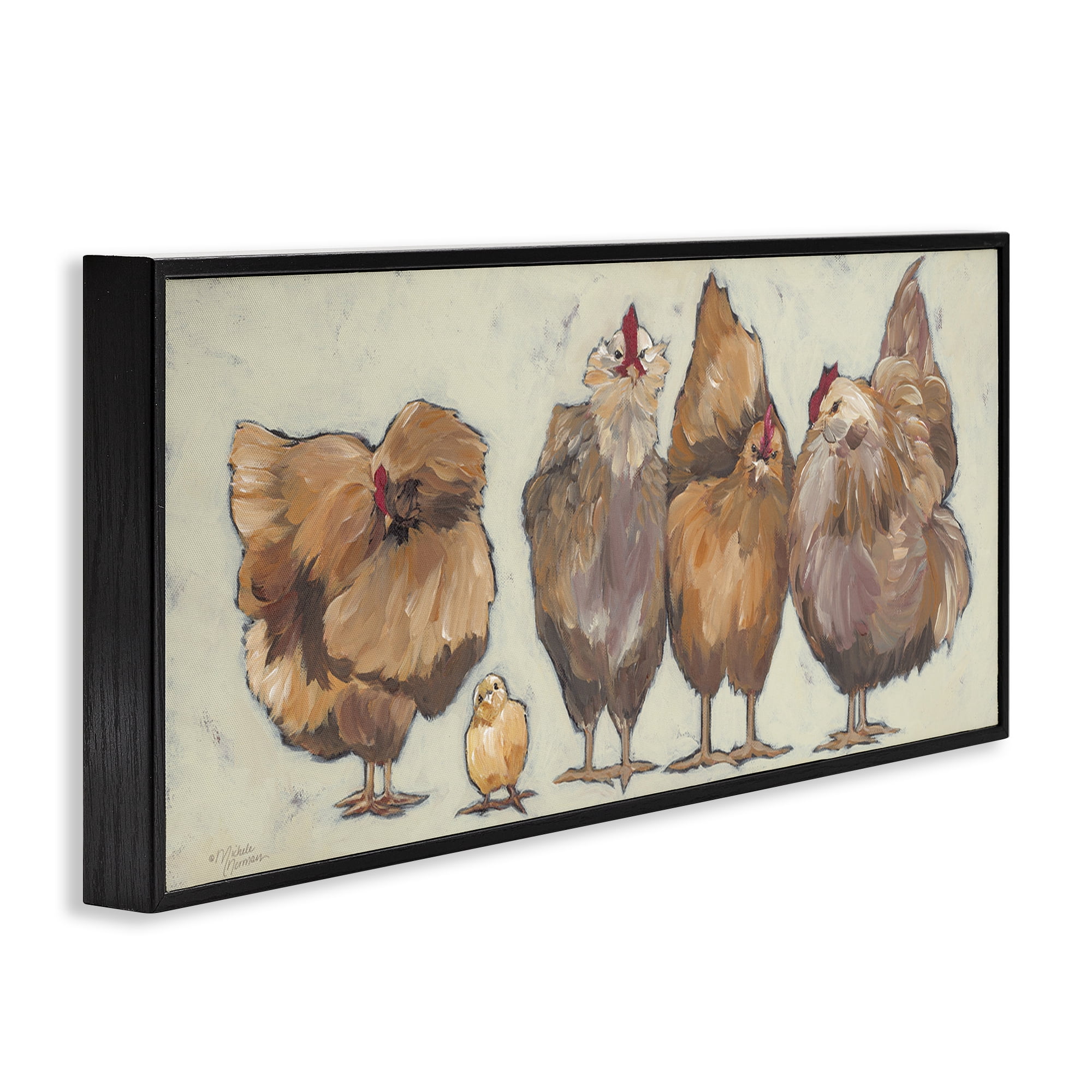 Stupell Industries Brown Hens and Chick Animals & Insects Painting Black Framed Art Print Wall Art, 30 x 13