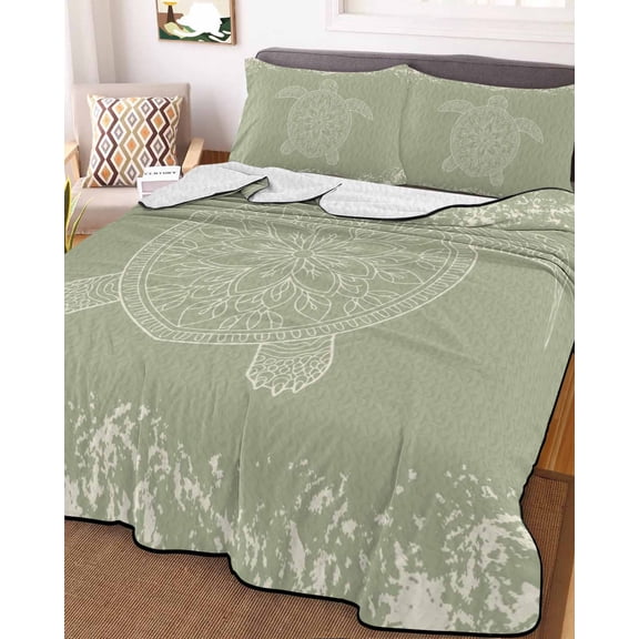 Turtle Green Full Size Down Alternative Comforter, Lightweight Comforter Quilt Bedding Set with Pillow Shams Coastal Ocean Boho Flower Retro Mottled All Seasons Bed Comforter Duvet Insert 78"x90"