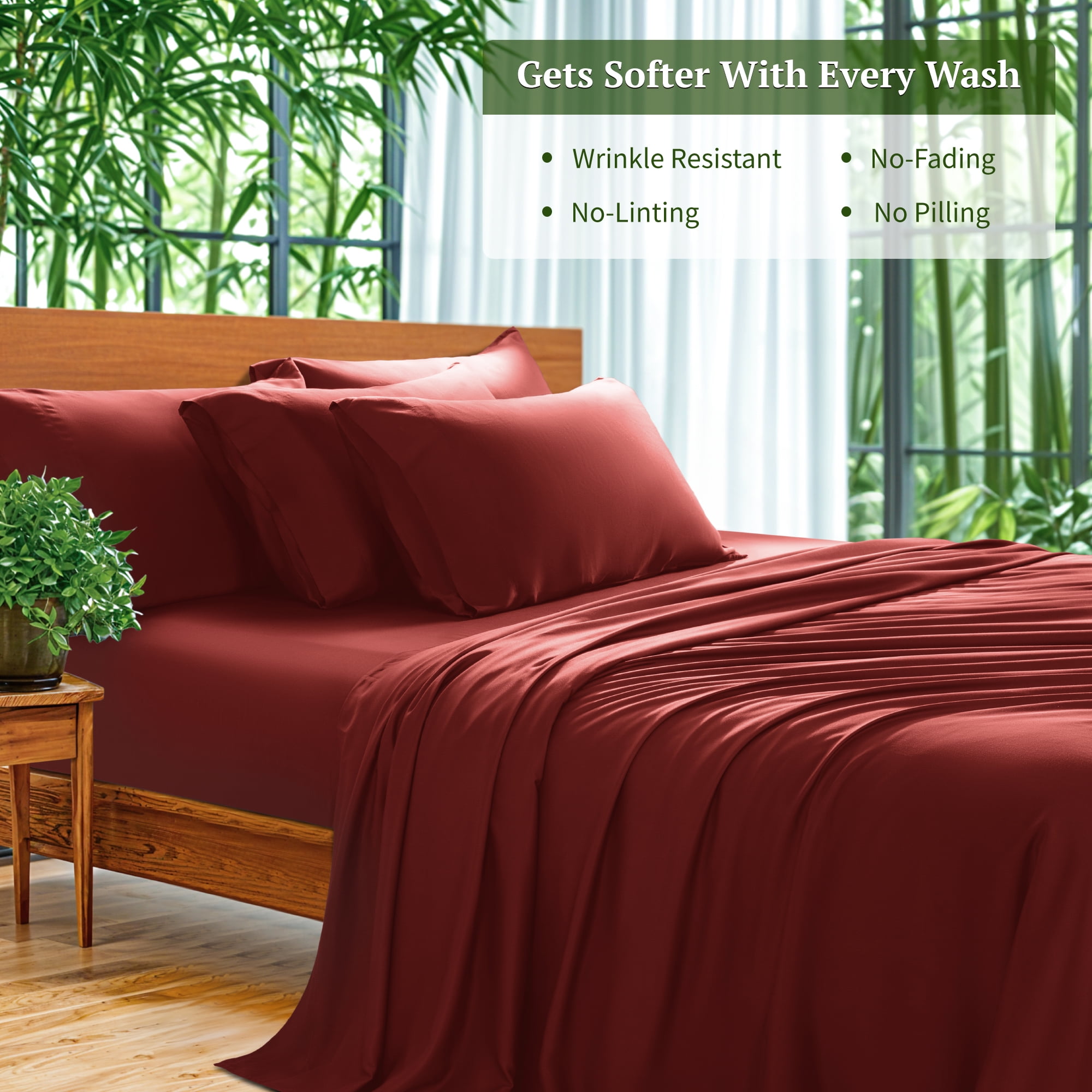 SONORO KATE 6 Pieces Bamboo Bed Sheets Set, Luxury Rayon Derived - Deep Pockets - Wrinkle Free - Extremely Soft, Queen, Burgundy