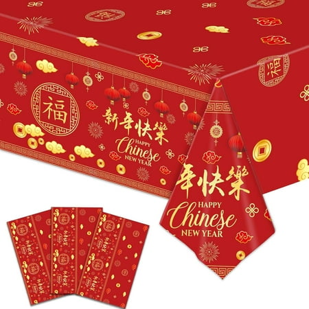 

3 Pcs Chinese New Year Tablecloth Disposable Plastic Table Cover with Lanterns Firecrackers Print for Lunar New Year Party Supplies Spring Festival Decorations (54x108 Inches Red & Gold)