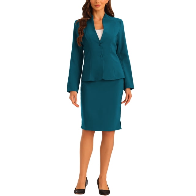 Unique Bargains Tailleur Blazer Sans Col et Jupe Crayon pour Femme, Ensemble 2 Pcs, Bleu Lac, L