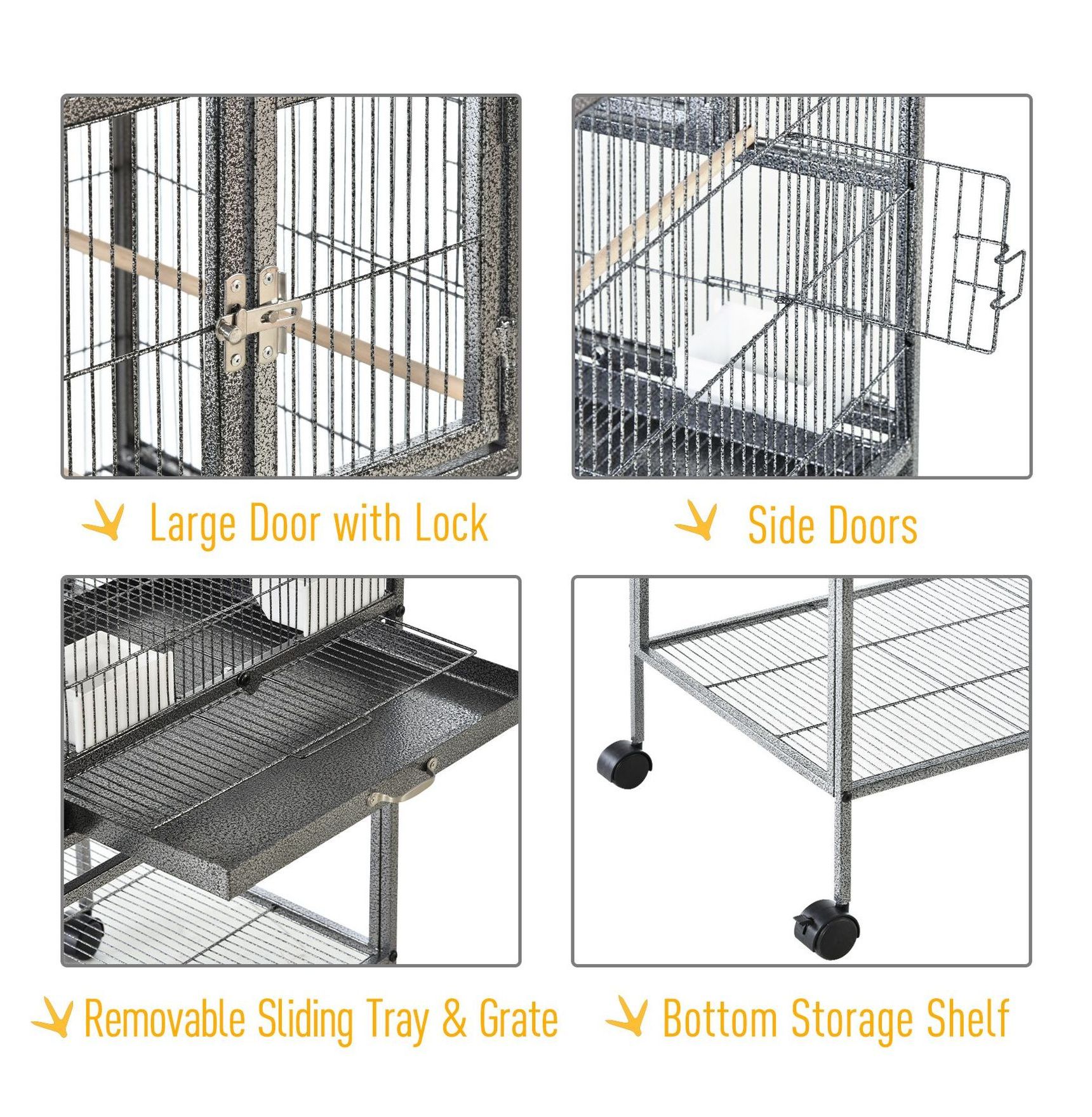 Large Bird Cage Double Rolling Metal 40.25" H w/Storage Shelf & Perches - Black/Gray