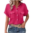 thumbnail image 2 of Craaazy Women's Relaxed Fit Collared Blouse, Solid Color Short Sleeve Button Down Top, Loose Comfy Cotton Casual Shirt with Pockets for Summer Gifts, 2 of 6