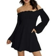 thumbnail image 3 of DHFJKG Women's Off The Shoulder Long Flared Sleeve Mini Dress Smocked Waist Solid Color Party Club Dresses 2026 Stylish Dresses, 3 of 9