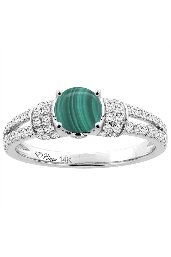 14K White Gold Natural Malachite Engagement Ring Round 6 mm & Diamond Accents, size 6