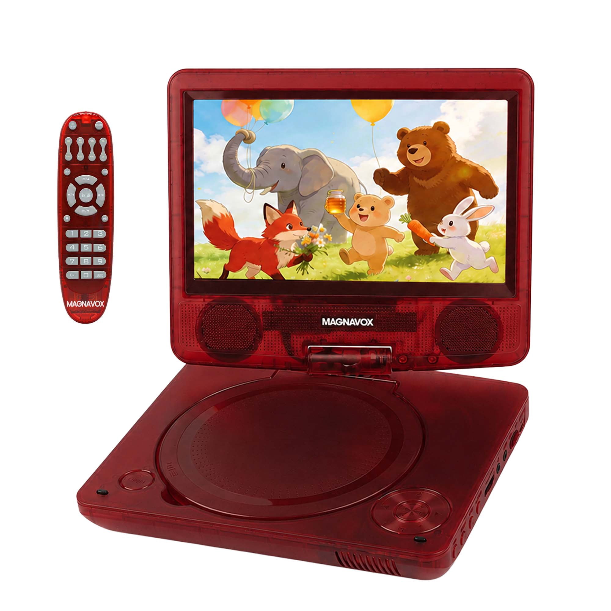 Magnavox 7 Inch Portable DVD Player with Swivel Screen, Translucent DVD Player with USB SD Playback, Rechargeable Battery, AV Out, Remote, Car Charger, 100–240V / DC 5V