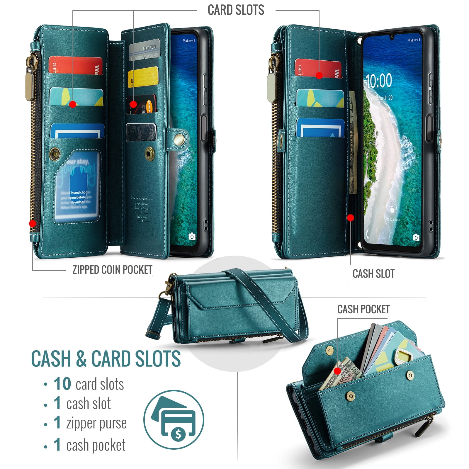 Asuwish Compatible with Samsung Galaxy A16 5G/4G Zipper Wallet Phone Case Tempered Glass Screen Protector Crossbody Lanyard Strap Flip Card Holder Slot Cell Cover for A 16 16A SM-A166U Women Green
