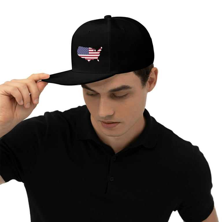 Tequan Flat Brim Hat Snapback Hats, America Country Flag Pattern Adjustable Men Baseball Cap (Black), Men's, Size: One Size